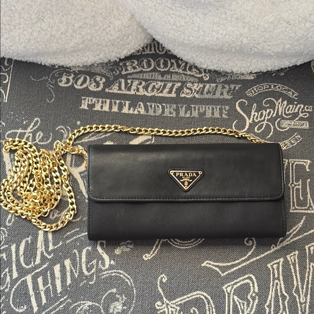 Prada Black Leather and Nylon Bifold Wallet with Chain